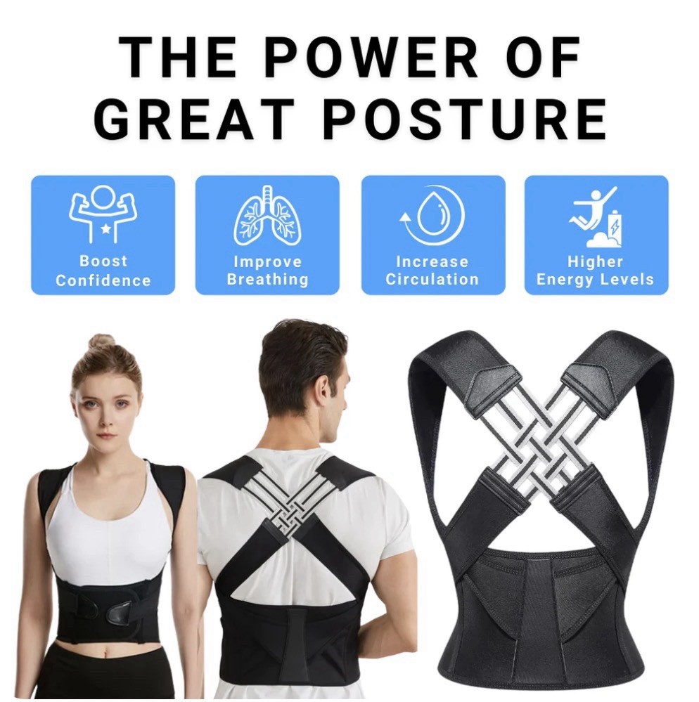 PWR Adjustable Black Posture Corrector Back Brace Large