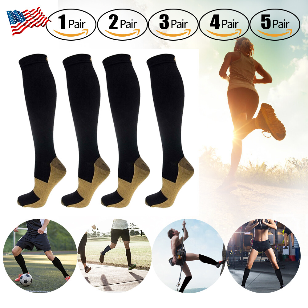 Pair Unisex Copper Infused Anti-Fatigue Compression Socks Stocking Varicose Vein