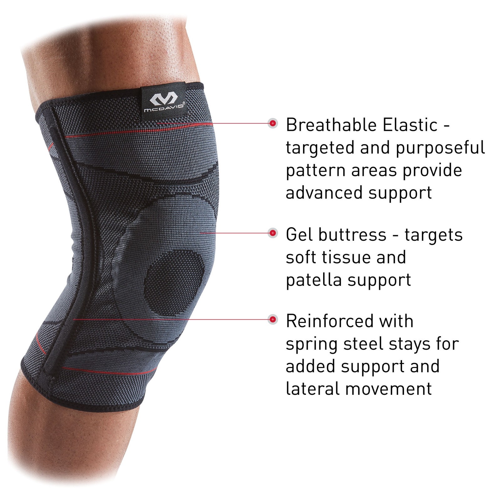 MCDAVID KNEE COMPRESSION KNIT SLEEVE GEL BUTTRESS SMALL/MEDIUM – GRAY/BLACK/RED