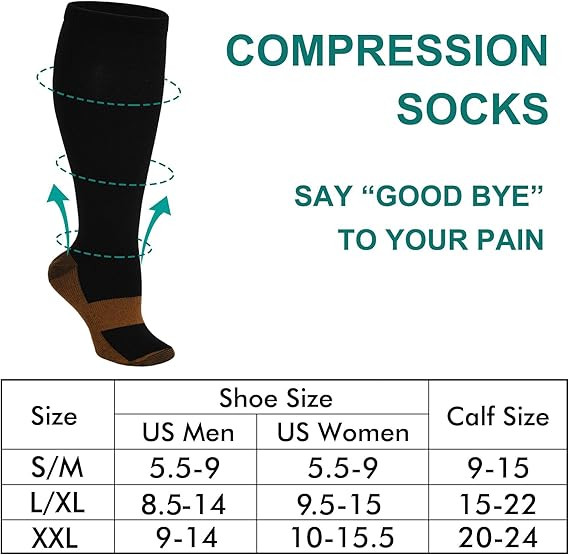 8 Pairs Copper Compression Socks 20-30mmHg Graduated Support Mens Womens S-XXL