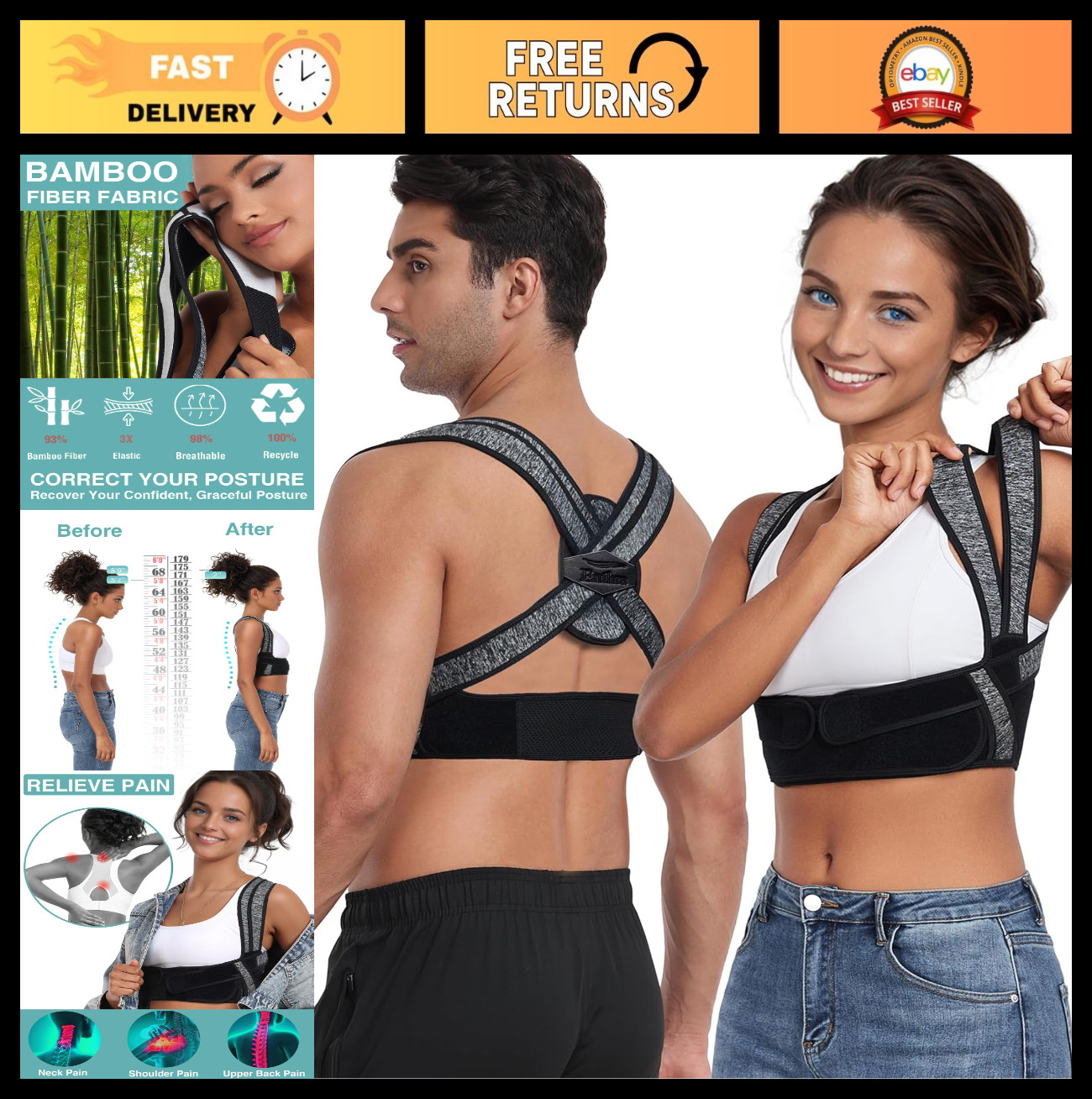 Posture Corrector for Men & Women – Bamboo Fiber Back Straightener for Pain Reli
