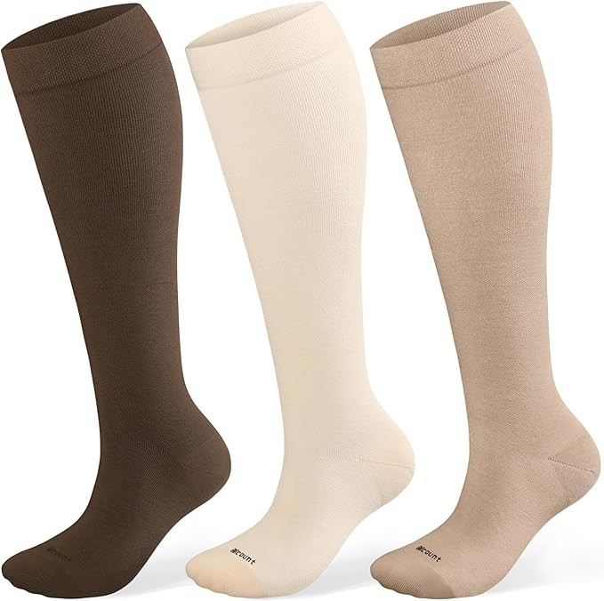 Cotton Compression Socks Women Men 15-20mmHg Knee High Beige Support Sock 3 Pair