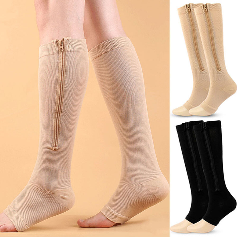 Zipper Compression Socks 15-20 mmhg Open Toe Graduated Knee High Stretch Socks