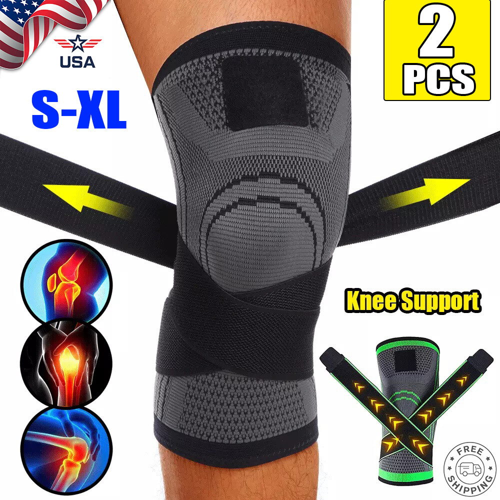 2× Knee Brace Compression Sleeve w/ Strap Pain Relief Knee Support Arthritis USA