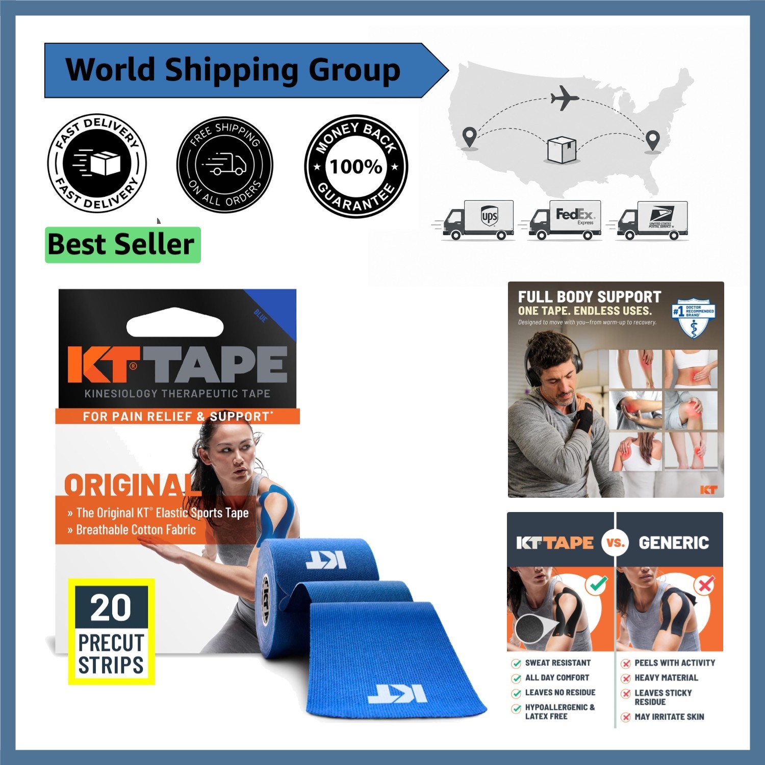 Kinesiology Athletic Tape – 20 Count Precut 10” Cotton Strips, Blue