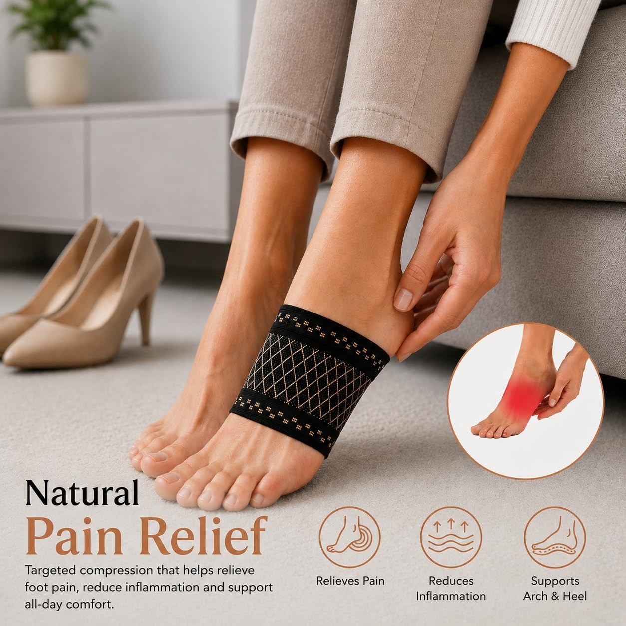 Copper Compression Arch Support Sleeves for Plantar One Size (1 Pair), Black