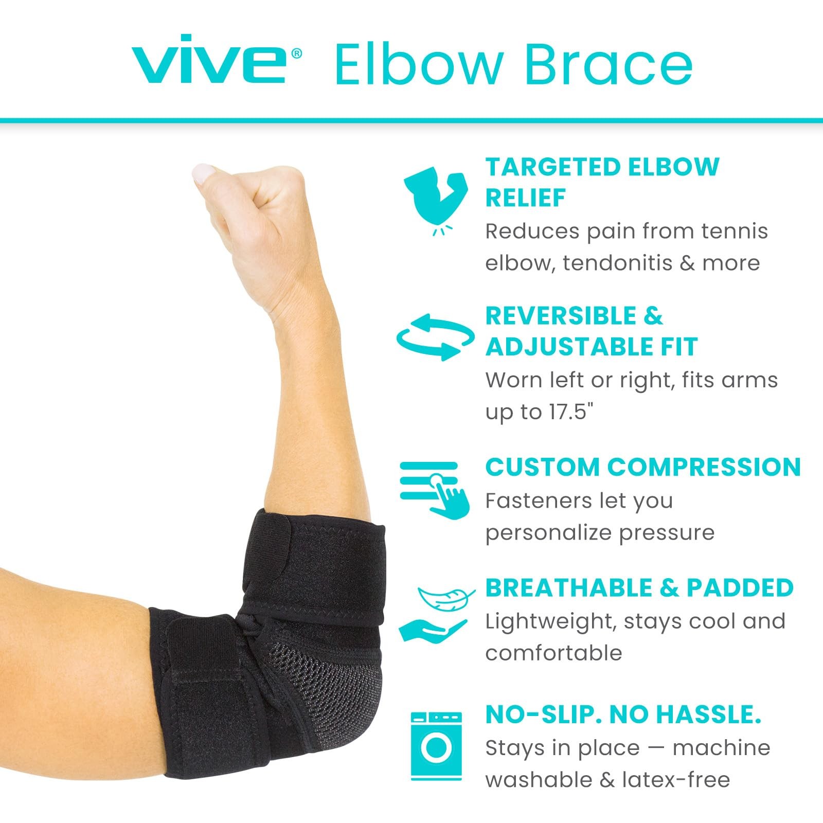 Vive Elbow Brace – Tennis Compression Sleeve – Wrap for Standard, Black