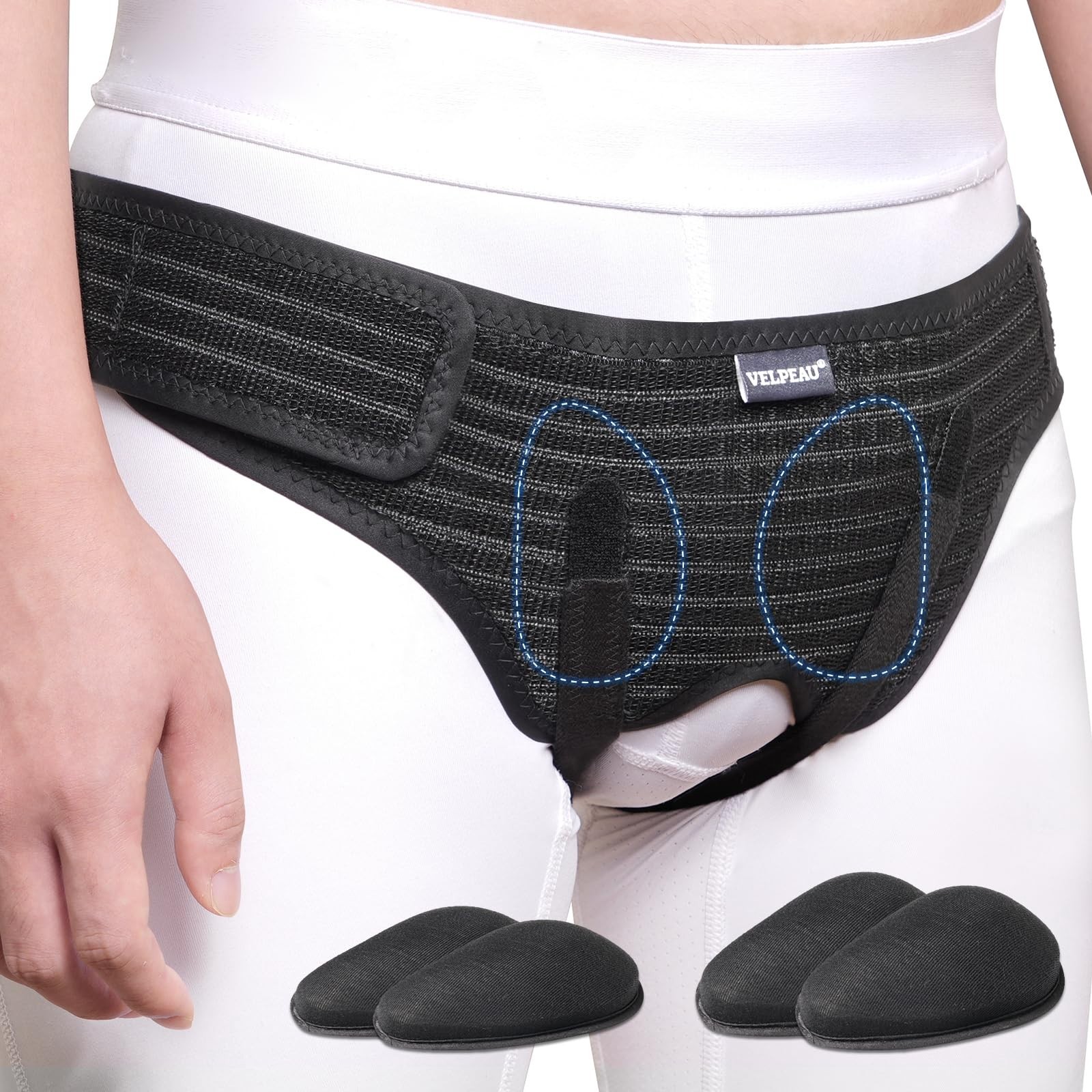 VELPEAU Inguinal Hernia Belts Bilateral/Double Inguinal- Black, M (Hip 35″-42″)
