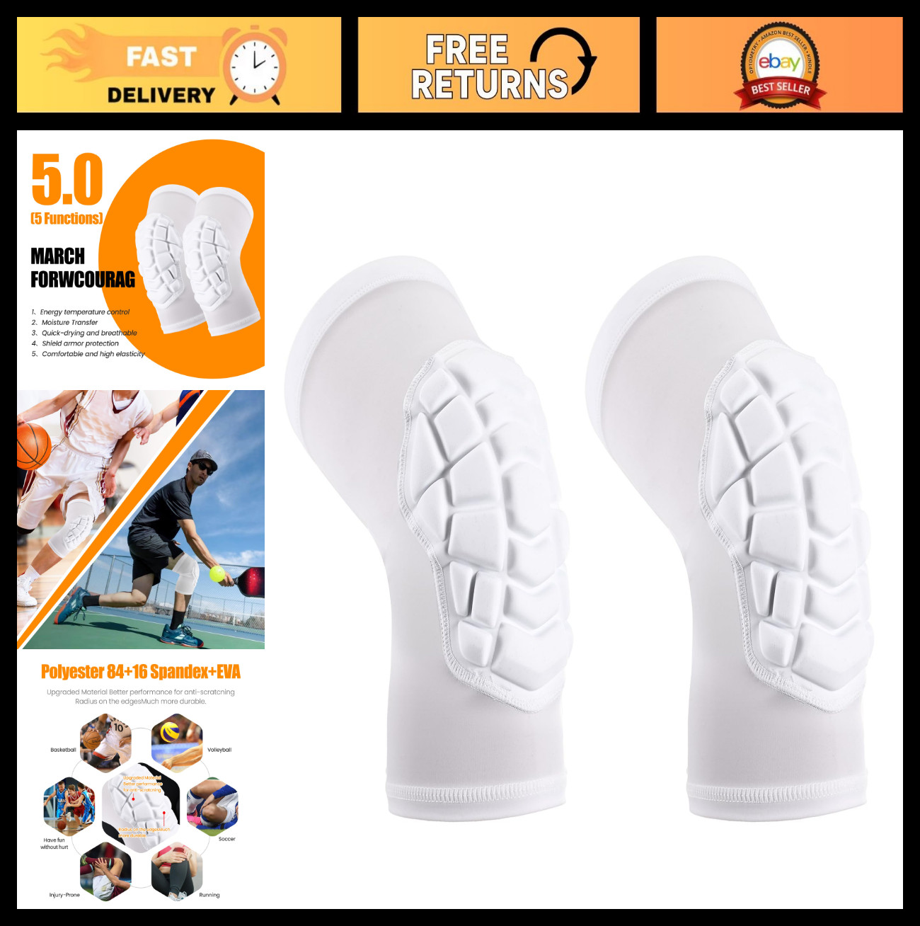 Compression Knee Pads for Basketball, Wrestling, Football, Volleyball – White, L