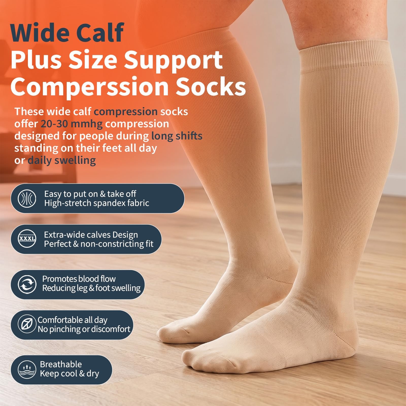 4 Pairs Plus Size Compression Socks for Women & Men, Extra Wide Calf 20-30 mm…
