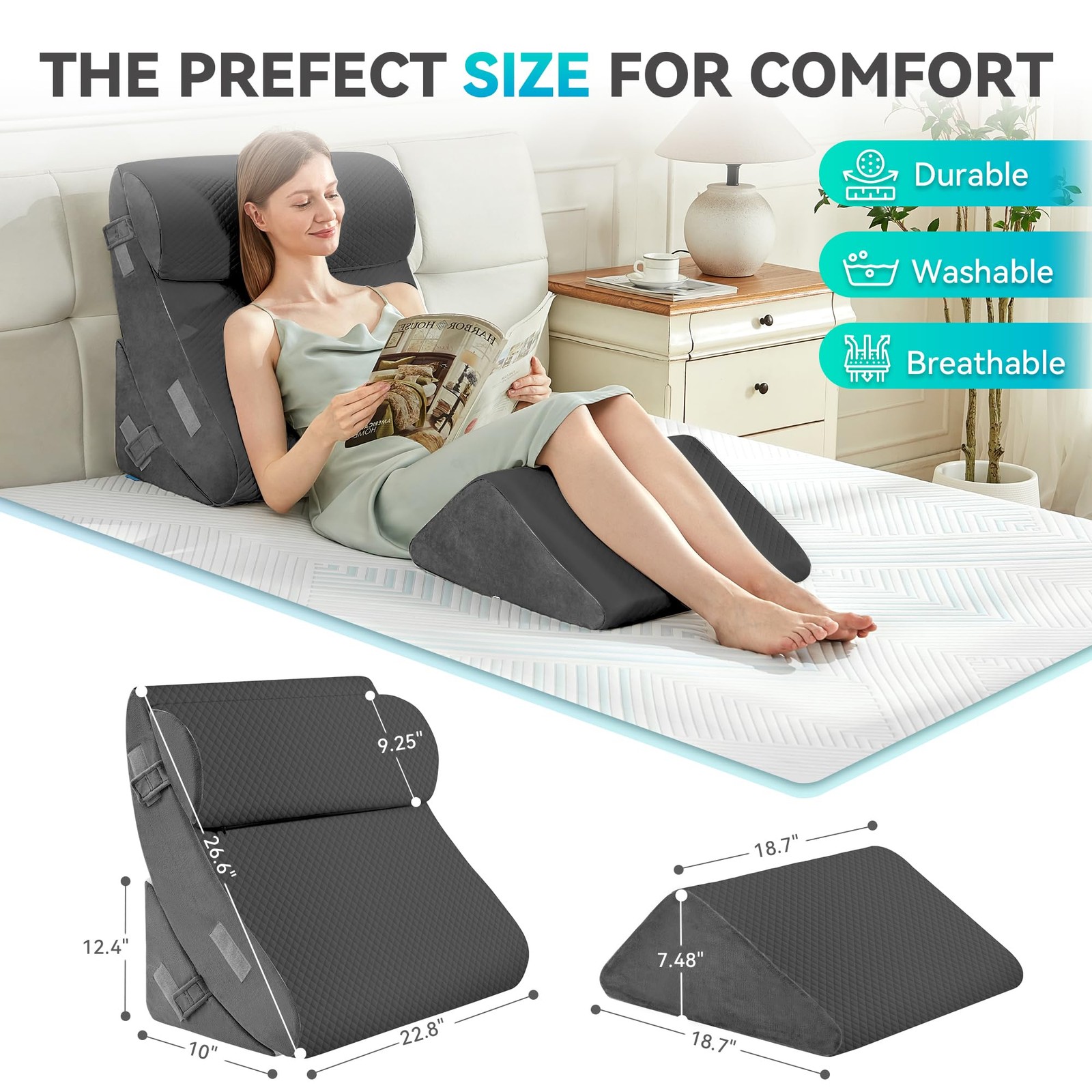 BDEUS 4PCS Bed Wedge Pillow Post Surgery, Orthopedic 4 Piece Set, Grey