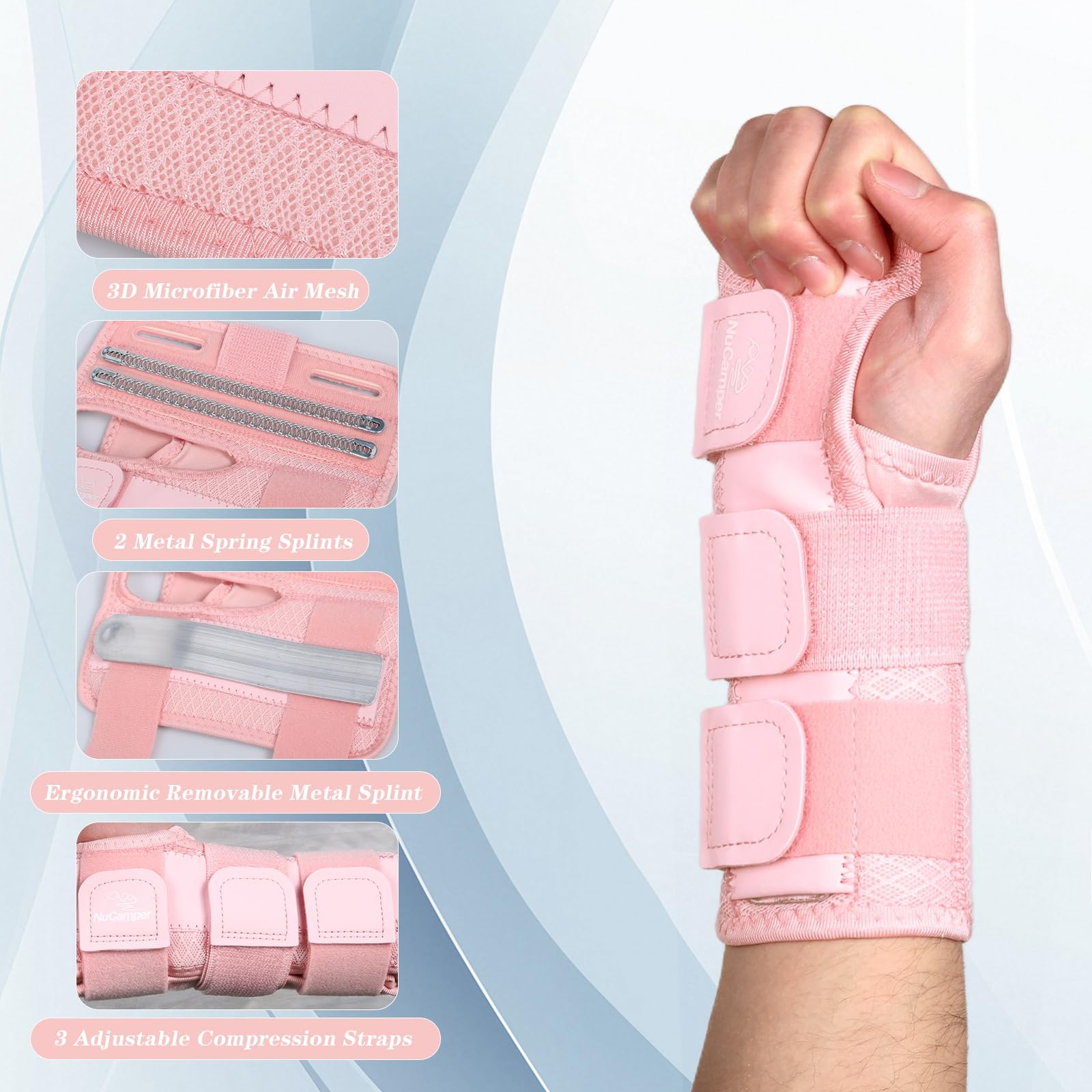 NuCamper Carpal Tunnel Wrist Brace Night Support for Men & S/M, Pink-Right