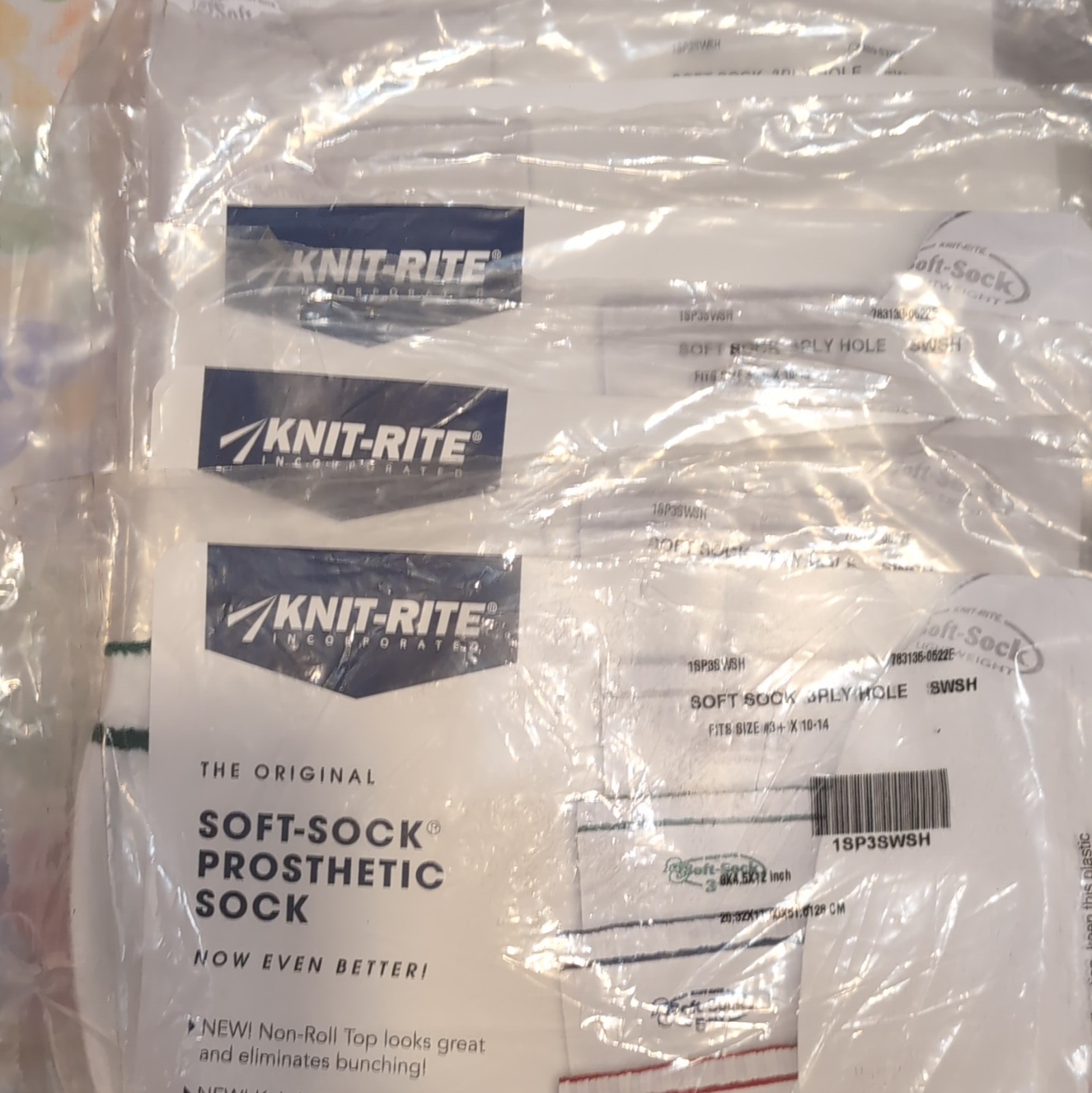 5 Knit-Rite Soft-Sock Prosthetic Sock 3 Ply White/Green Leg MPN 1SP3SWSH