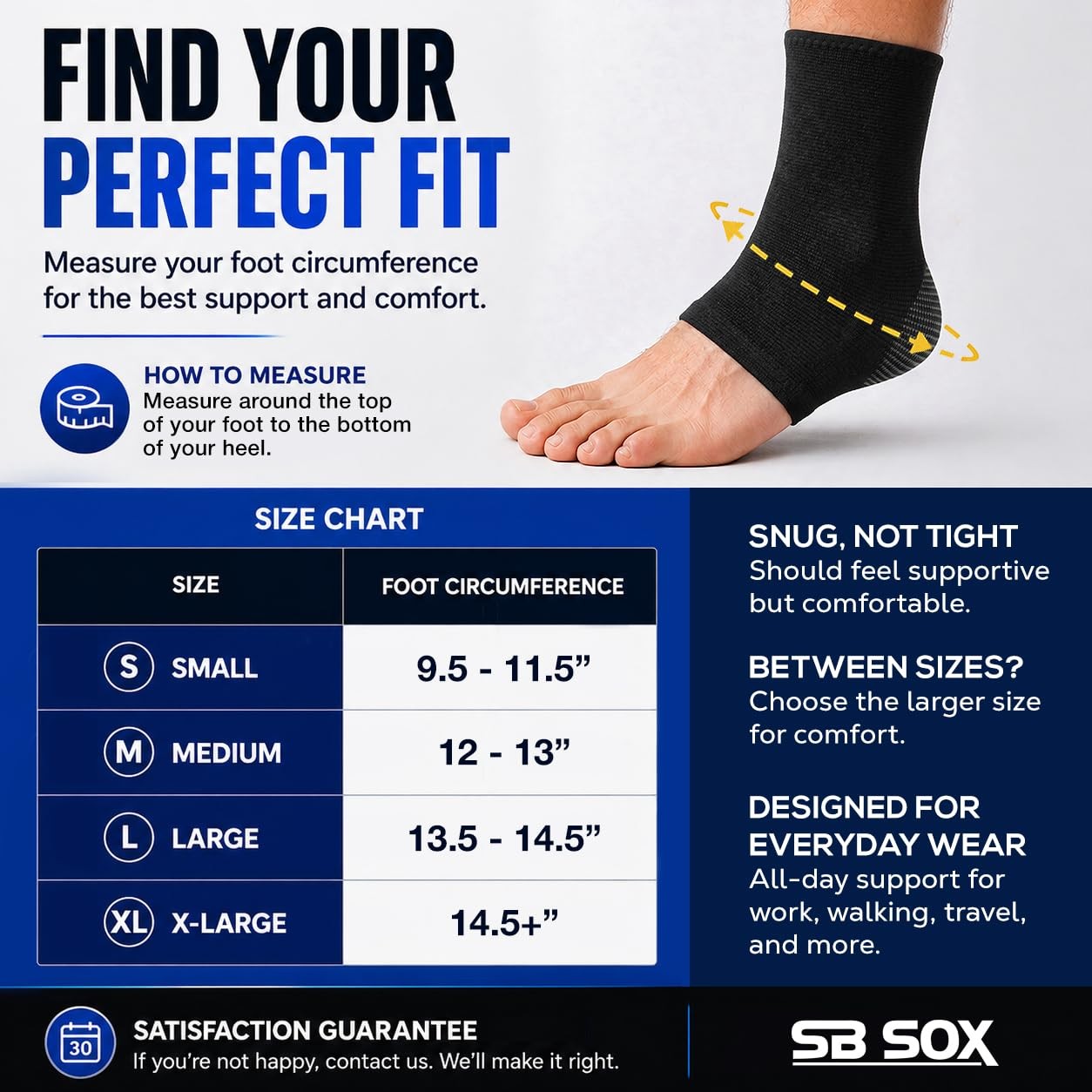 SB SOX Compression Ankle Brace (1 Pair) – Support Large, Solid – Black
