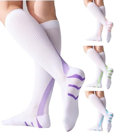 4 Pairs Compression Socks For Women and Men 20-30mmHg Small-Medium White Mix