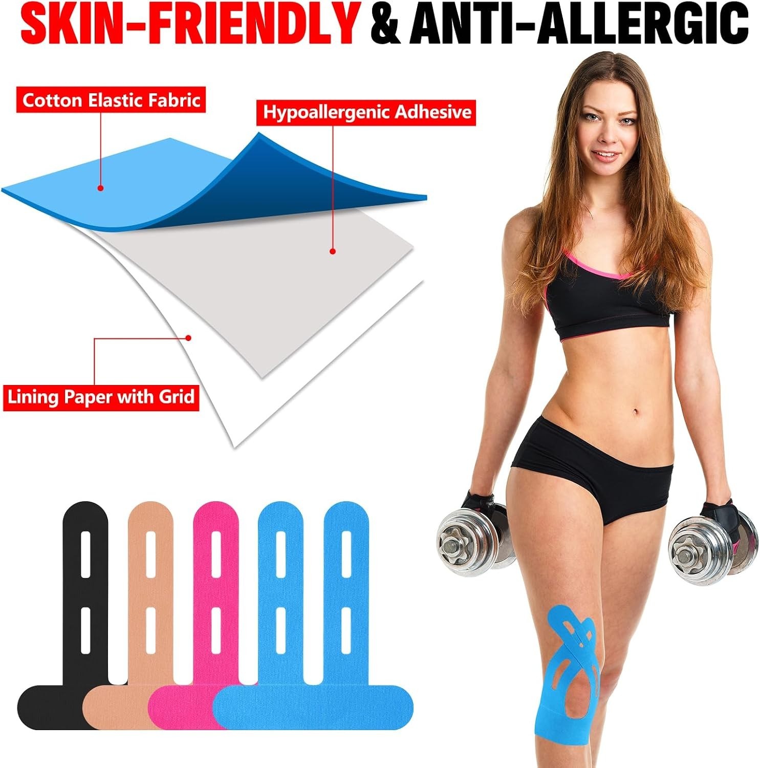 16 PCS Kinesiology Tape for Knees, 4 Colors Knee Support Tape, Precut Knee Tape