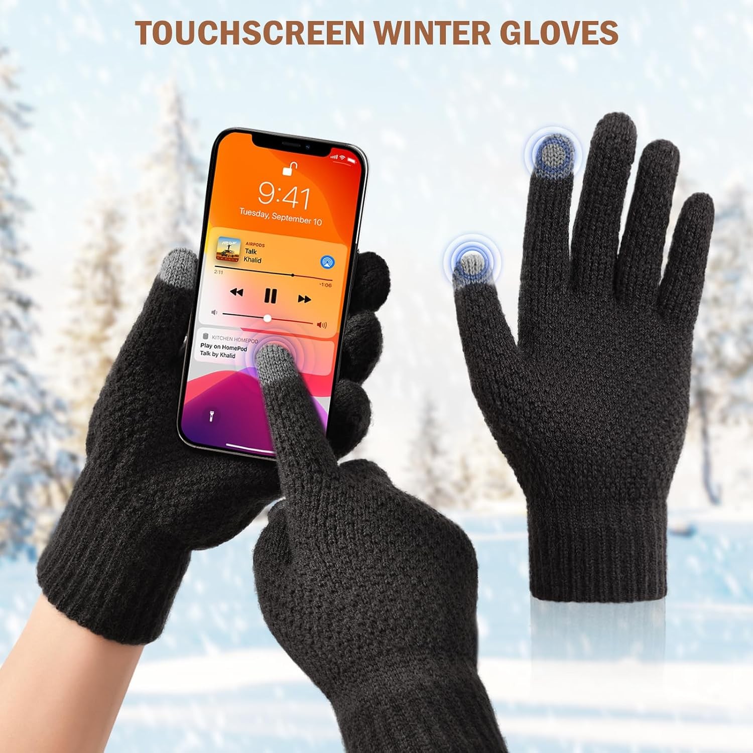 Winter Beanie Hat Circle Scarves Touchscreen Gloves Set, Warm Thick Fleece Lined