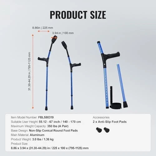Forearm Crutches for Adults, 11-Level Height Adjustable Walking Crutches with 4-