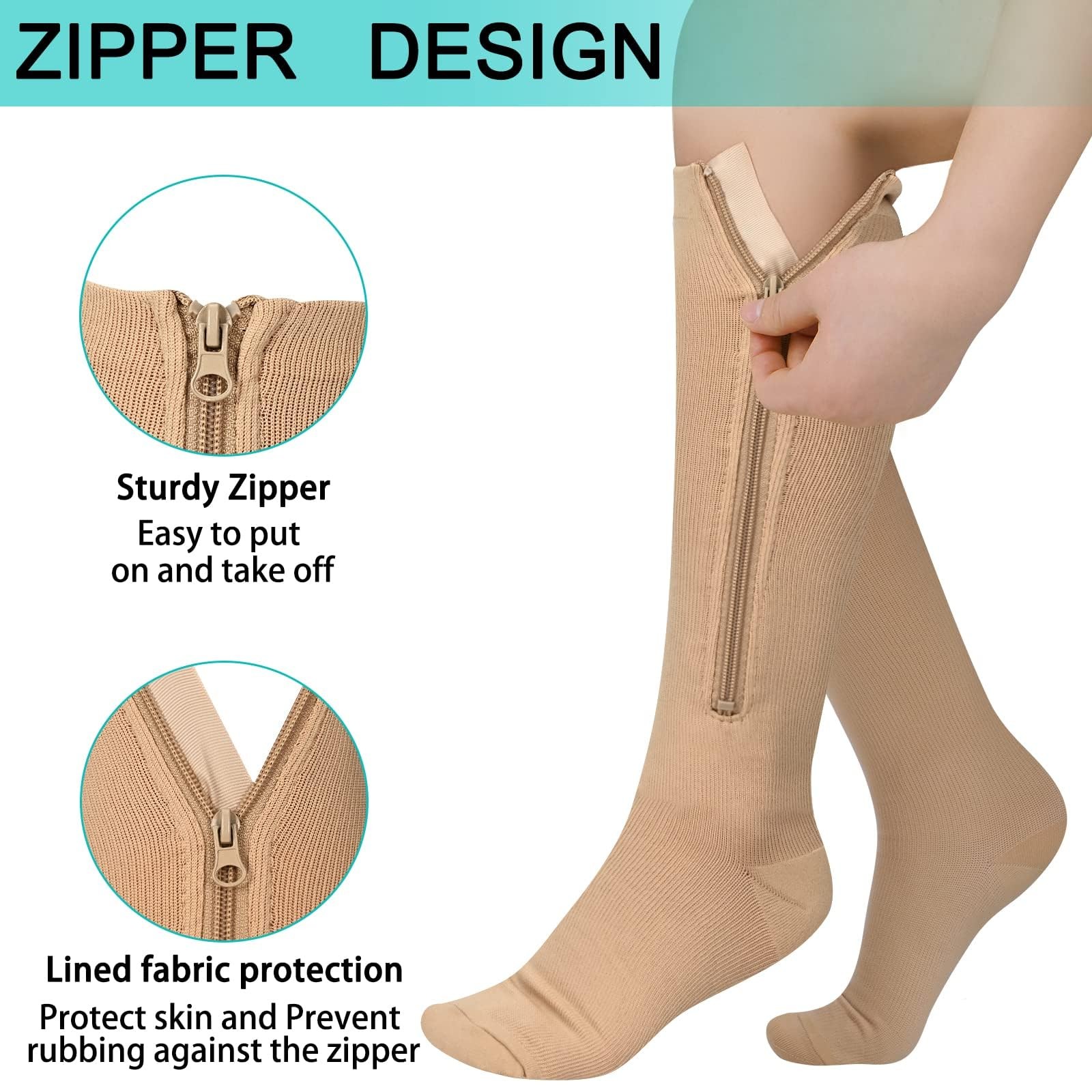 Athbavib 3 Pairs Zipper Compression Socks, 15-20 mmHg Closed Toe Compression …