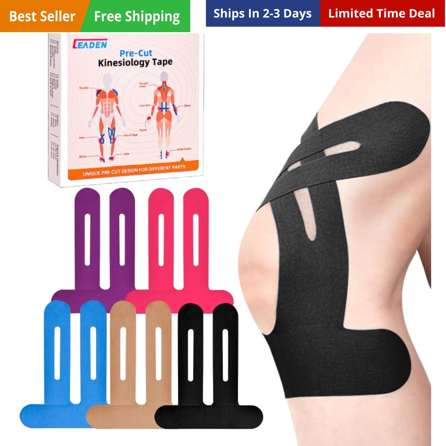 Precut Kinesiology Tape for Knees, 10 Pcs, 5 Colors – Knee Support & Stabilit…