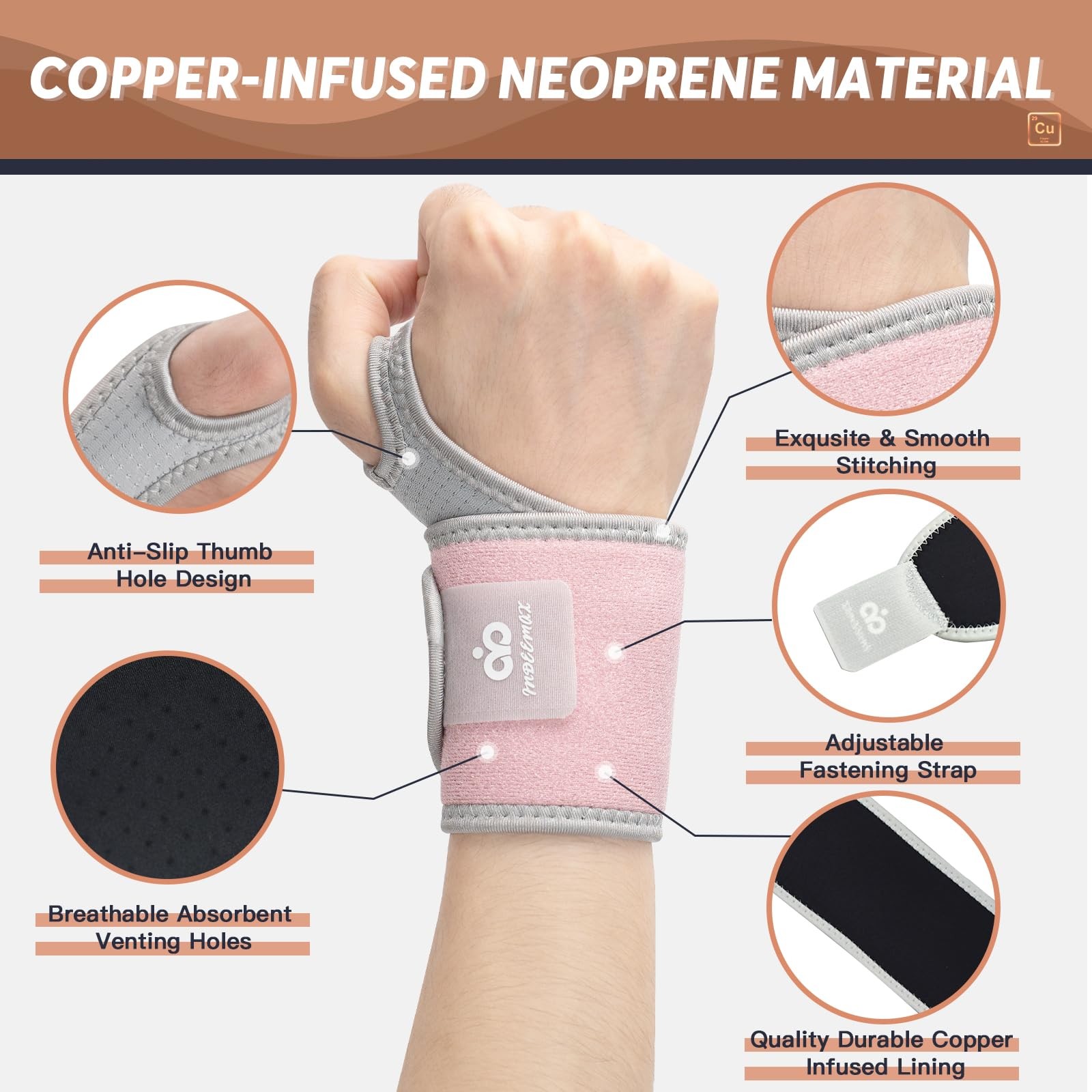 2 Pack Copper Carpal Tunnel Wrist brace Compression Wrist Band Wraps for Spra…
