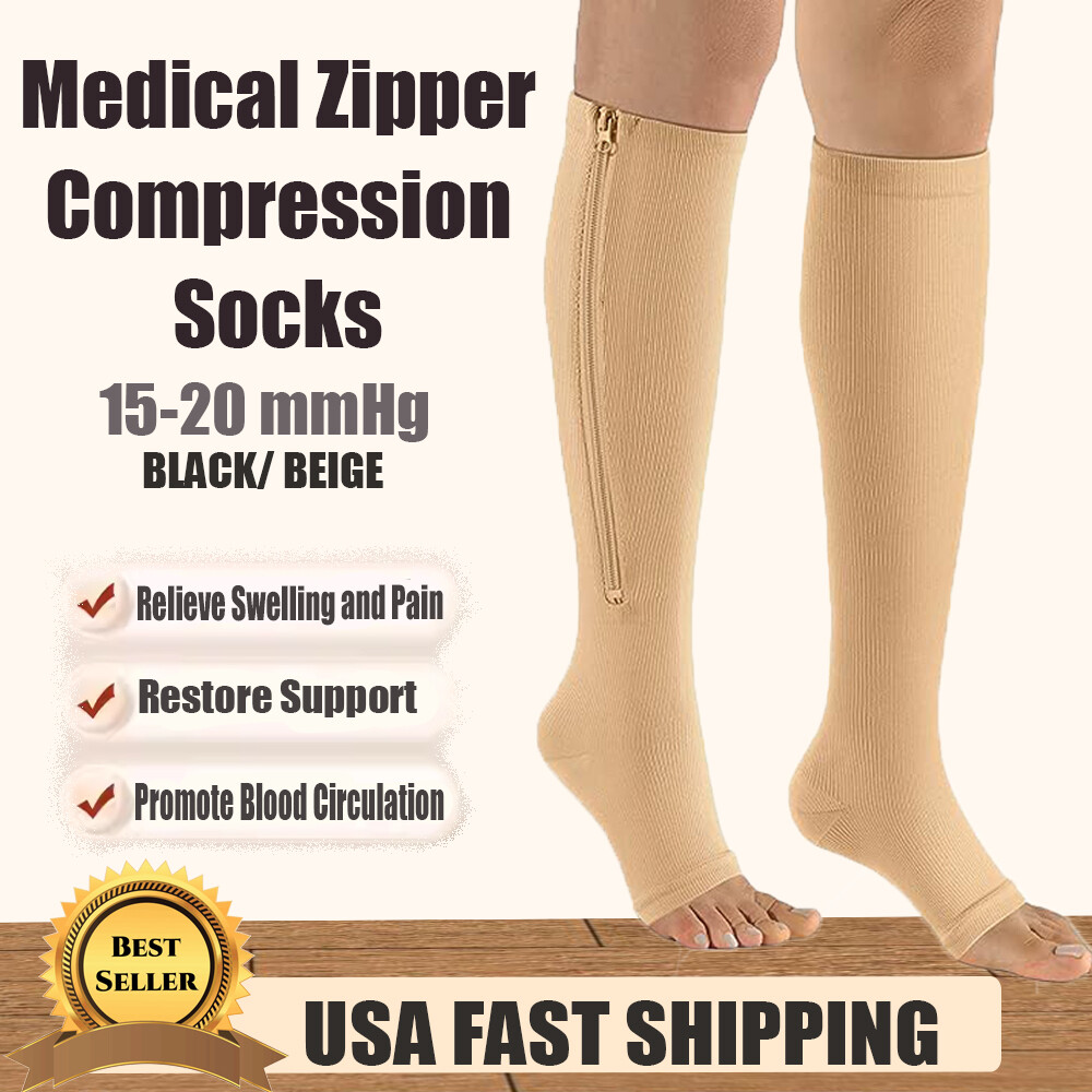 Open Toe Graduated Knee High Stretch Socks Zipper Compression Socks 15-20 mmhg