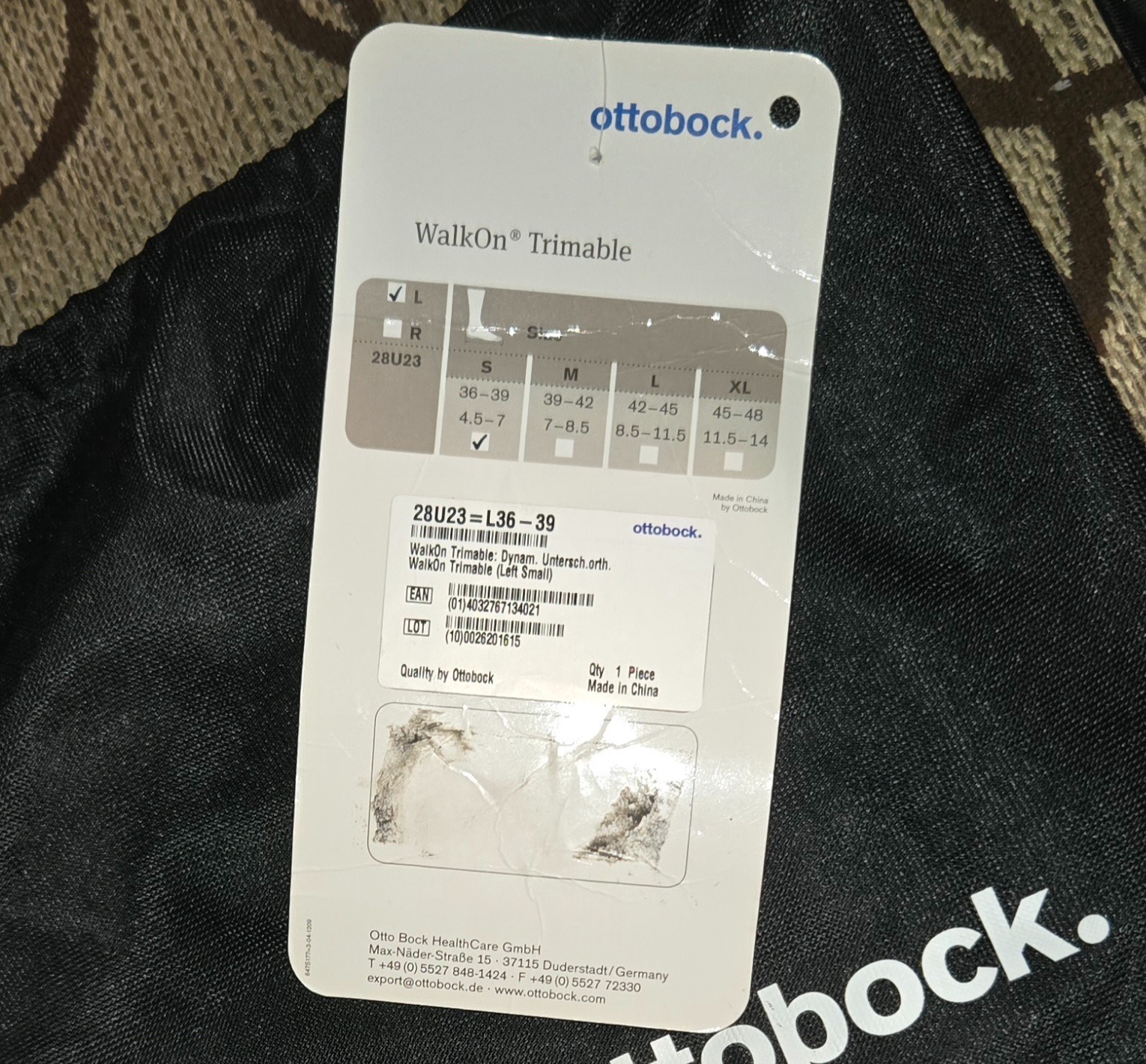Otto Bock WalkOn Trimable Left Small 28U23=L36-39 Orthosis Brace Carbon