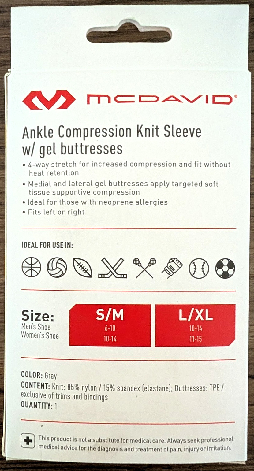 MCDAVID SPORT Ankle Compression Knit Sleeve w/ Gel Buttress Support (size L/XL)