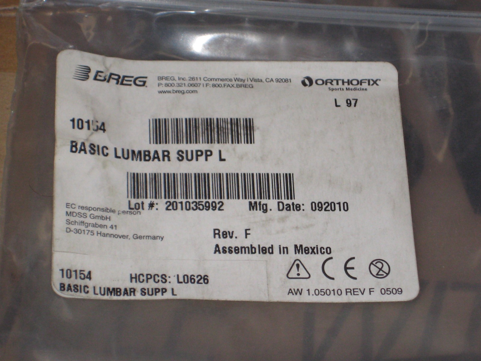 BREG Inc. 10154 Basic Lumbar Support Black – Large New in Bag