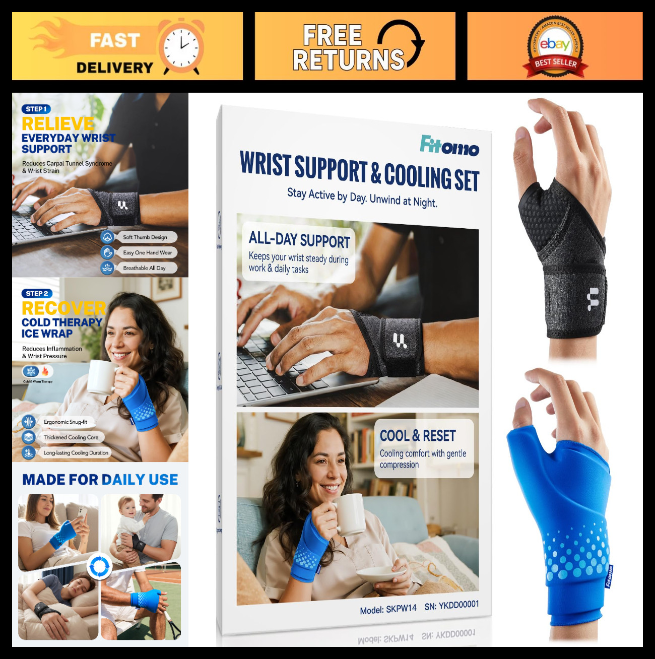 Wrist Brace & Ice Pack Wrap Set for Carpal Tunnel, Arthritis, Tendonitis Relief,