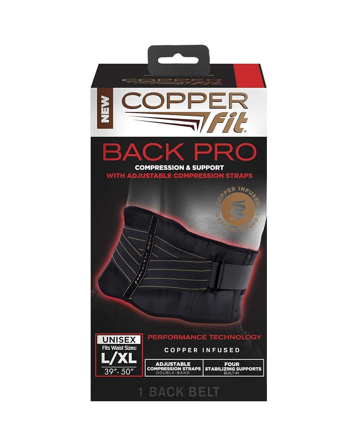 Lightweight Copper Back Support with Adjustable Fit, Black Color, Waist 39”-50”