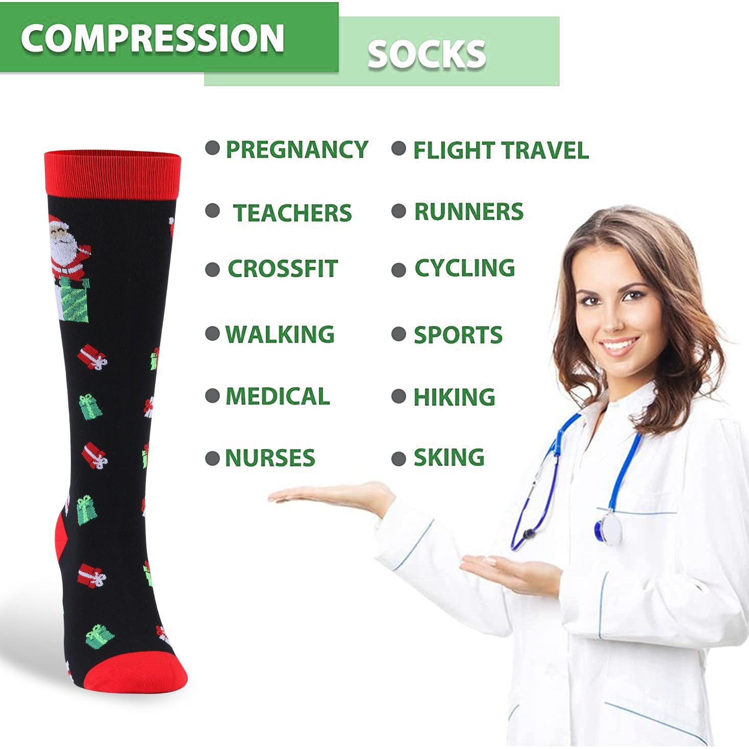 3-Pack Christmas Compression Stockings 20-30mmHg | Travel, Work, Sports Support