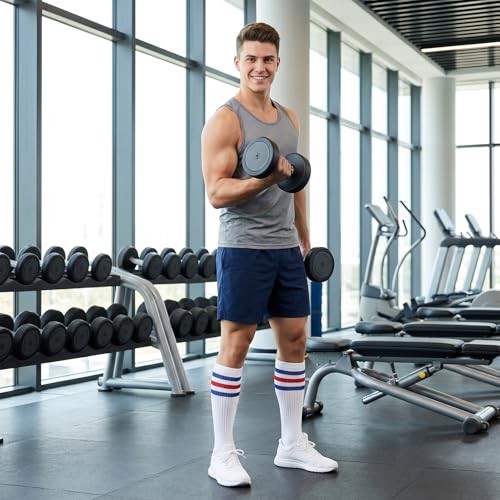 White Striped Socks, 80s Knee High Socks, Long Tube Sock with Red/White/Blue