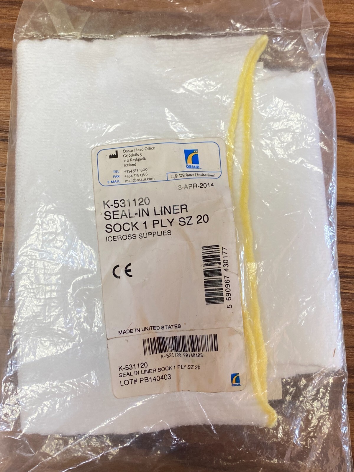 One Ossur Seal-in Liner Sock 1 PLY, K-531120 Size 20 White