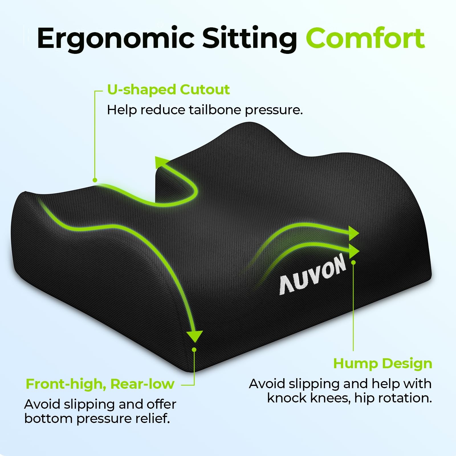 AUVON Anti-Slip Wheelchair Cushions with Front High 18 x 16 x 3 inch, Black