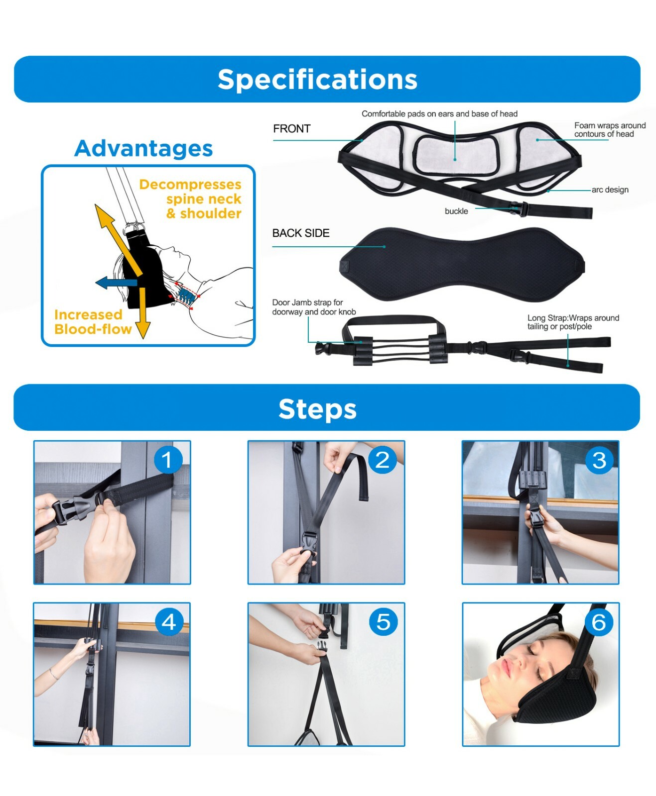 Head Sling Hammock Stretcher – Back Pain Relief Cervical Traction Doorknob Sling