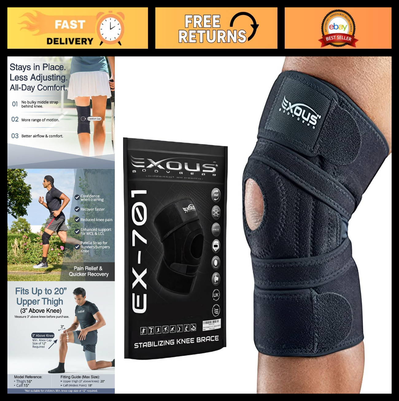 Adjustable Knee Brace for Men & Women – 4-Way Support, Patella Stabilizer, Dual