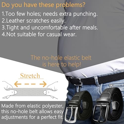 Elastic Braided Belt Waist Adjustable:36″-42″ (46″ Length) Blacka Black Buckle