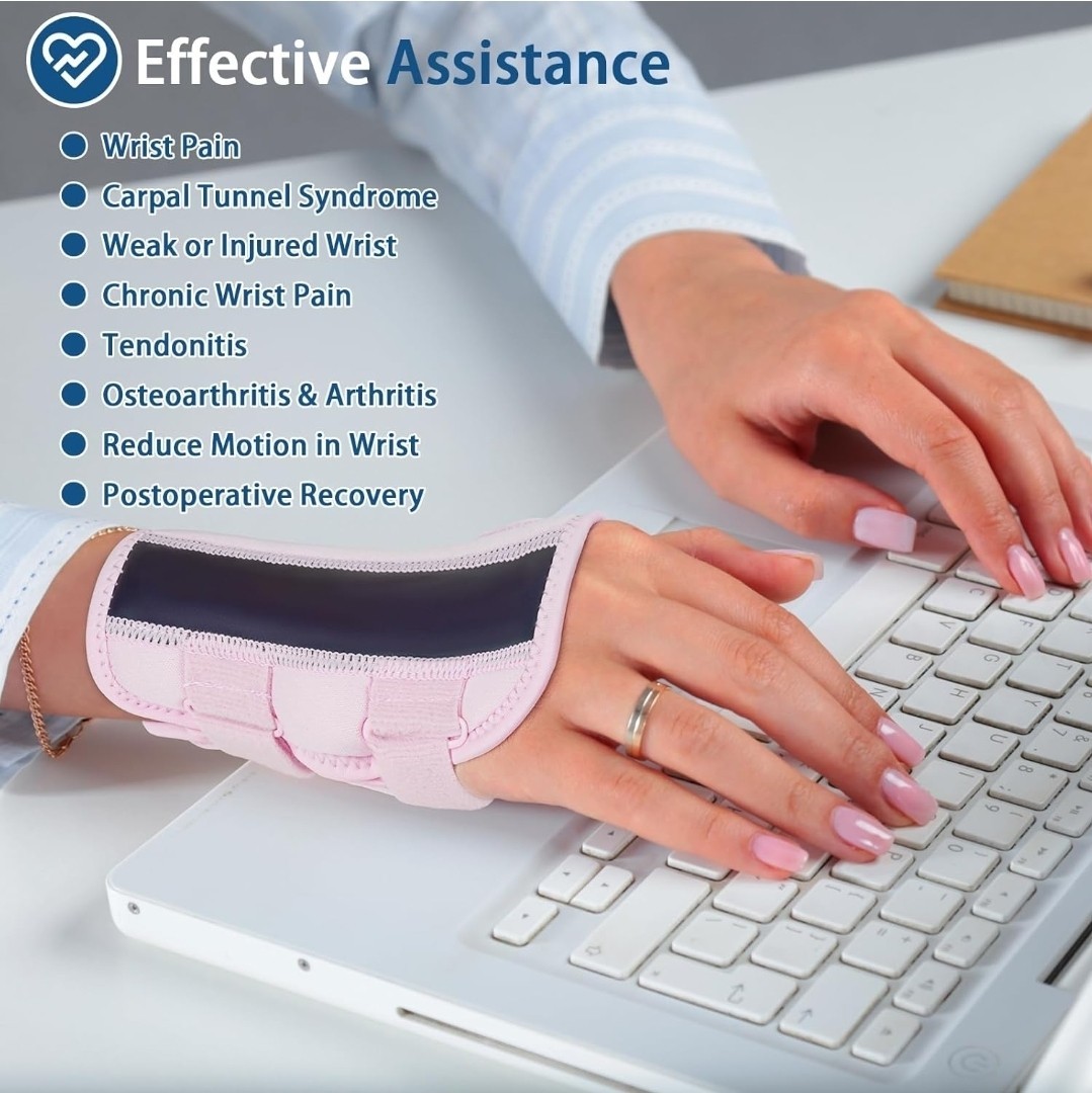 Wrist Brace for Carpal Tunnel Night Support with 2 POM Stays (Rosepink-Left, M)