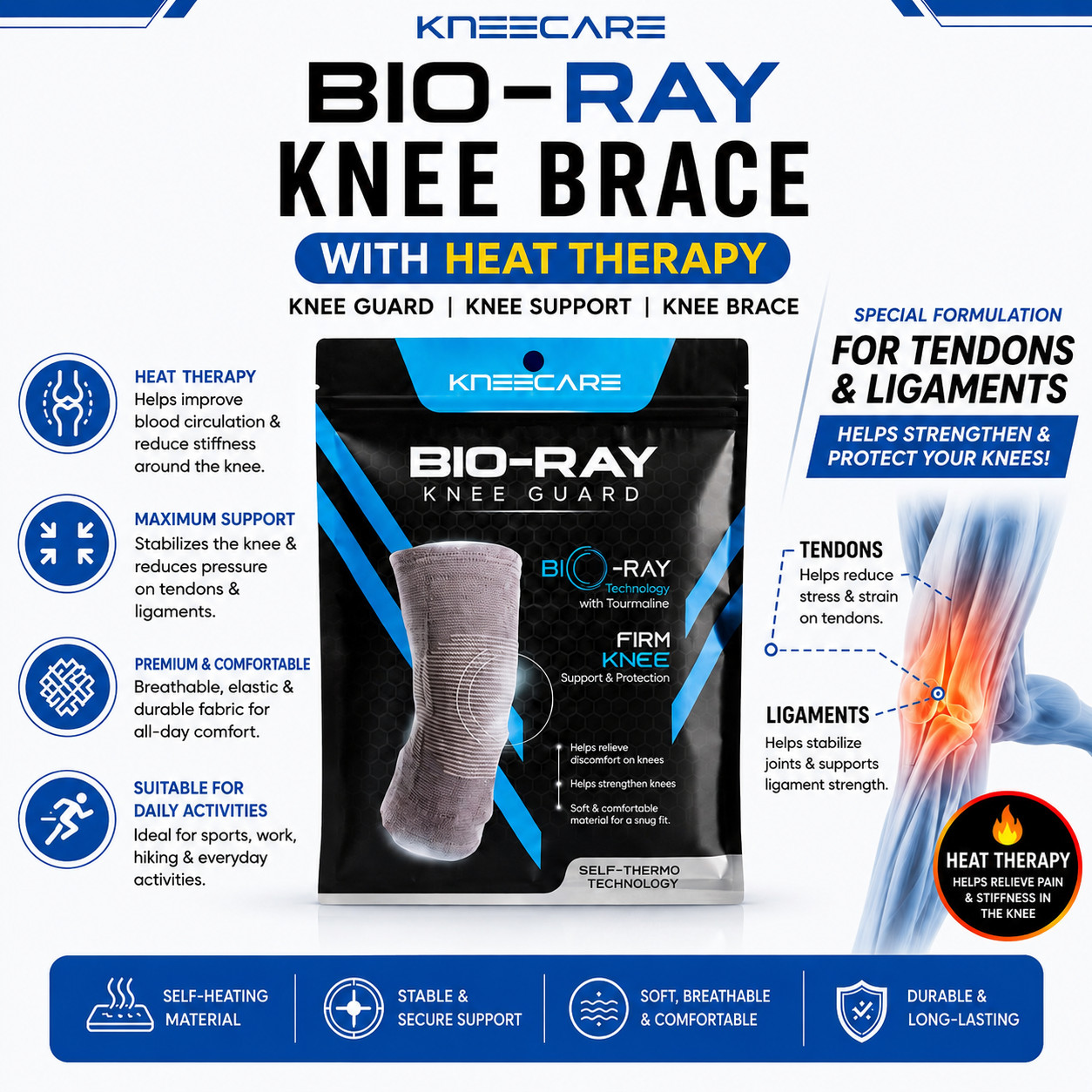 Kneecare BIO-RAY Heated Knee Brace | Knee Support | Tendon & Ligament Braces