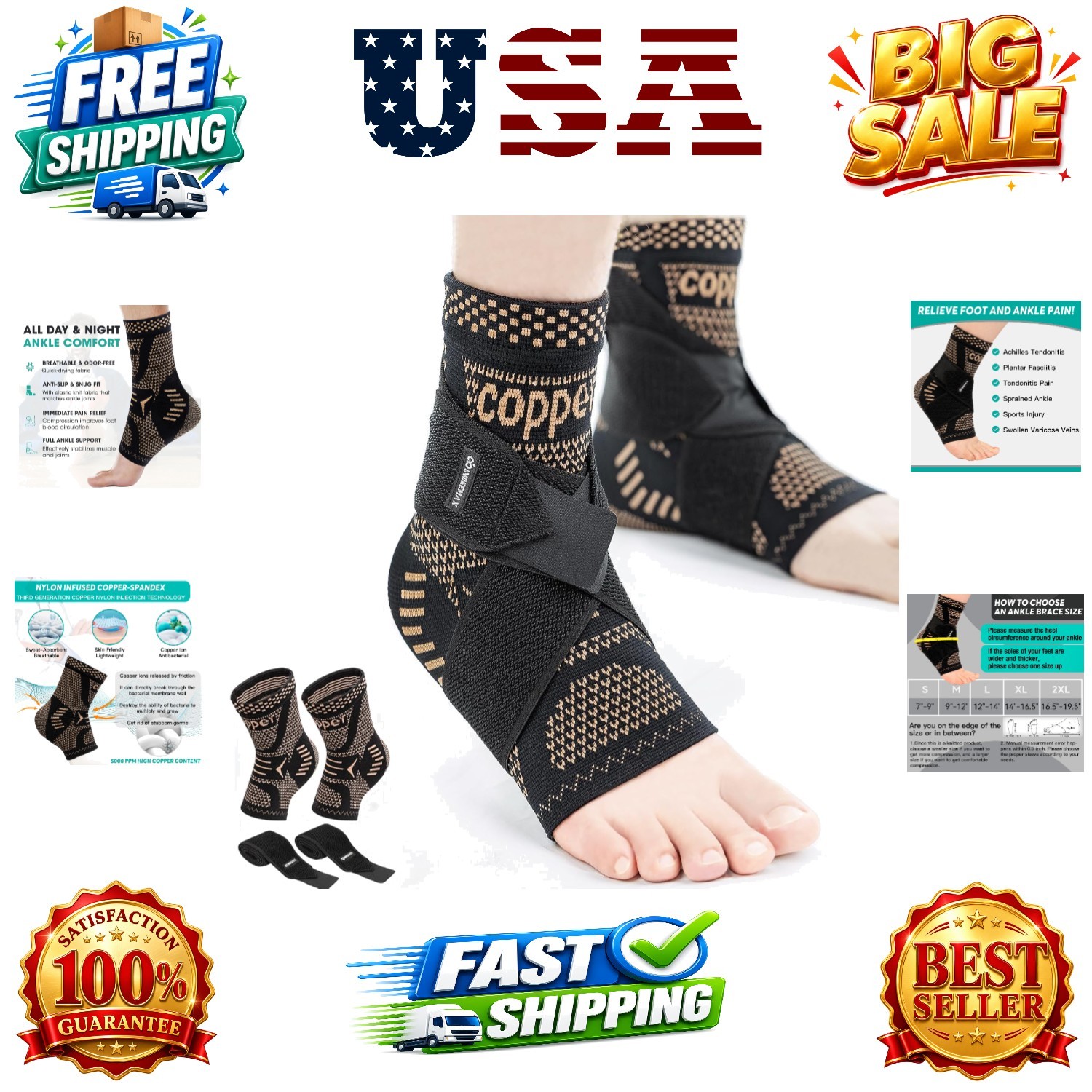 Ankle Brace for Sprained Ankle Compression Sleeve, 2 Pack Copper Infused Ankl…