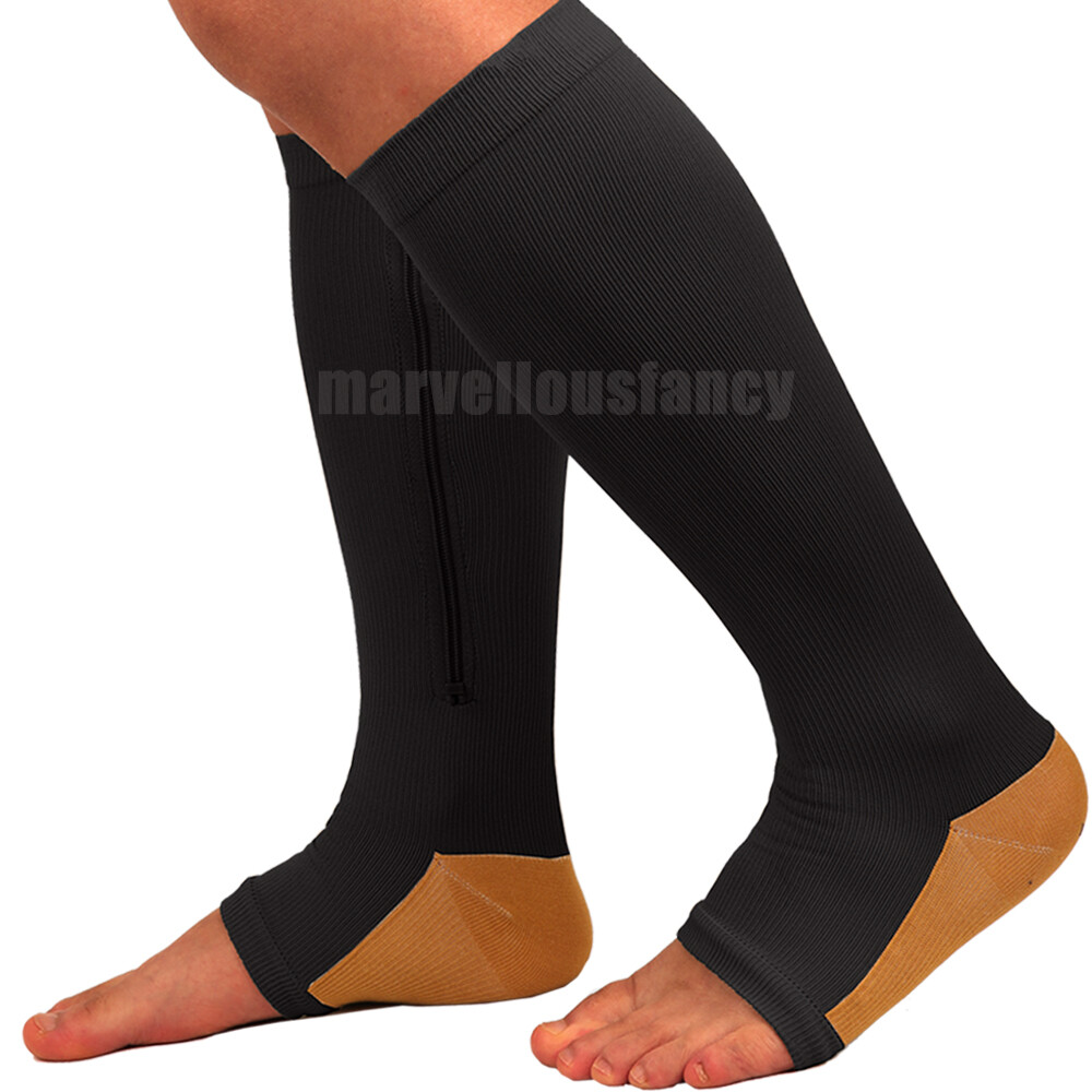Zipper Open Toe Compression Socks 20-30mmHg Calf Leg Ankle Support Stocking GYM