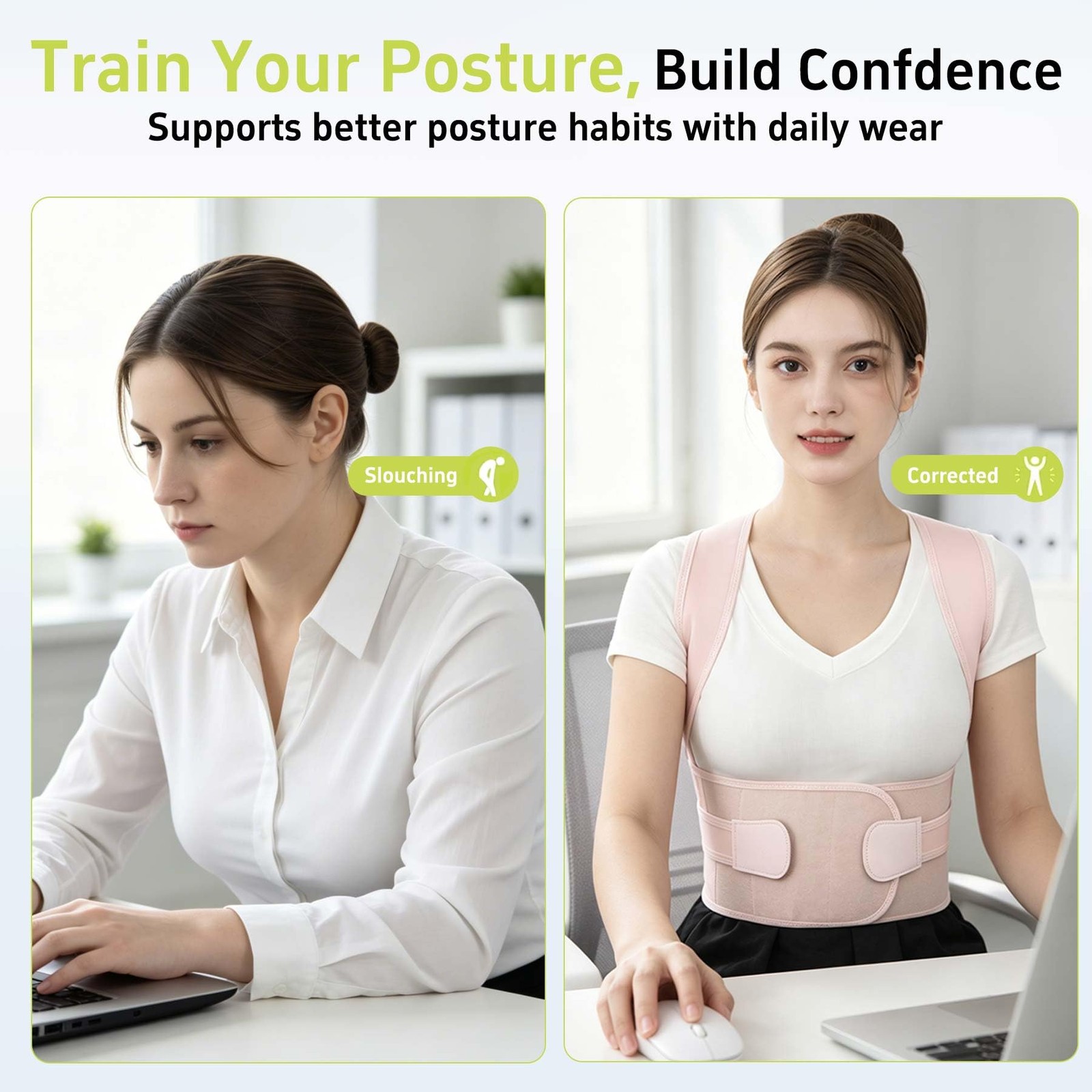 QFE Back Brace Posture Corrector for Women and Men Straightener Large, Pink