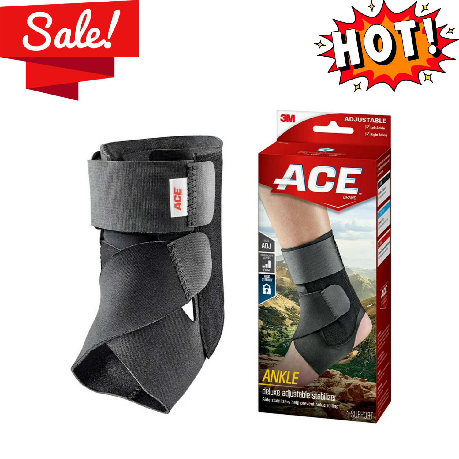 ACE Brand Deluxe Ankle Stabilizer Adjustable Support Brace Comfort Fit