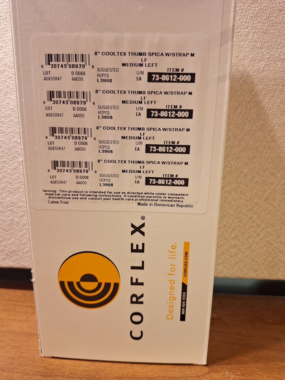 8″ “CORFLEX” THUMB SPICA WITH STRAP / LEFT WRIST / SIZE – Medium”. New.