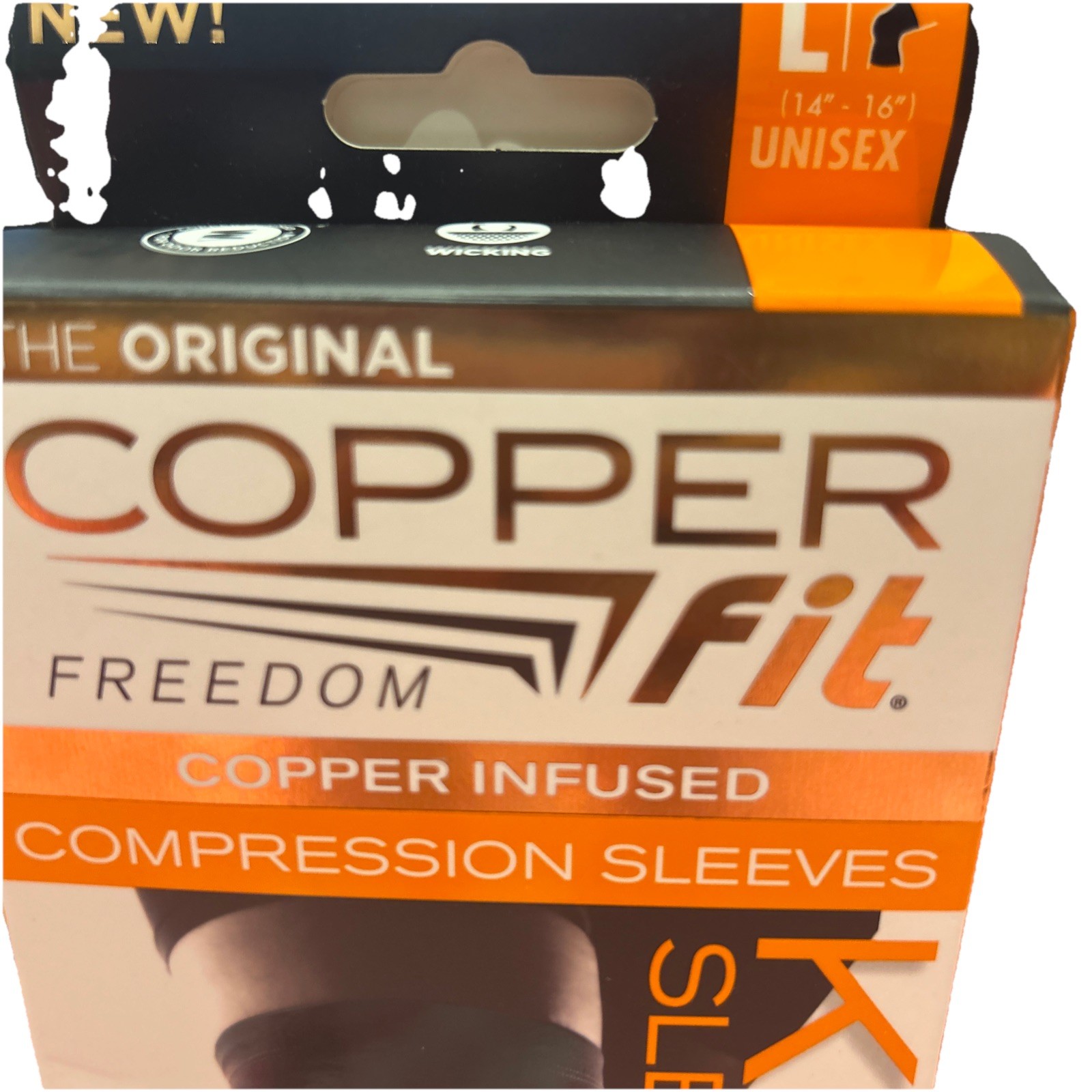 COPPER FIT sz large Compression Knee Sleeve UNISEX, 14″-16″, NEW Contour Design