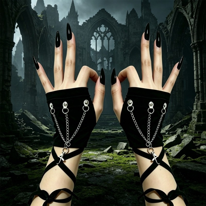 Black Fingerless Sleeve Cuffs Gloves with Wrap Straps for Theme Party Wear