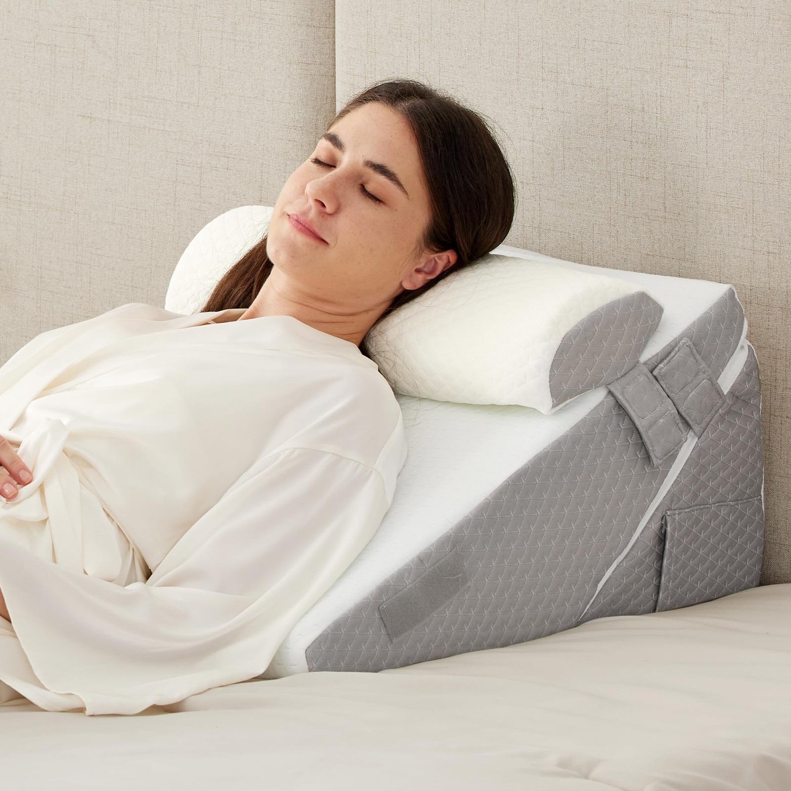 Ruqmuis 3PCS Wedge Pillow Adjustable 9&12 Inch + 1 Head Pillow, White/Grey