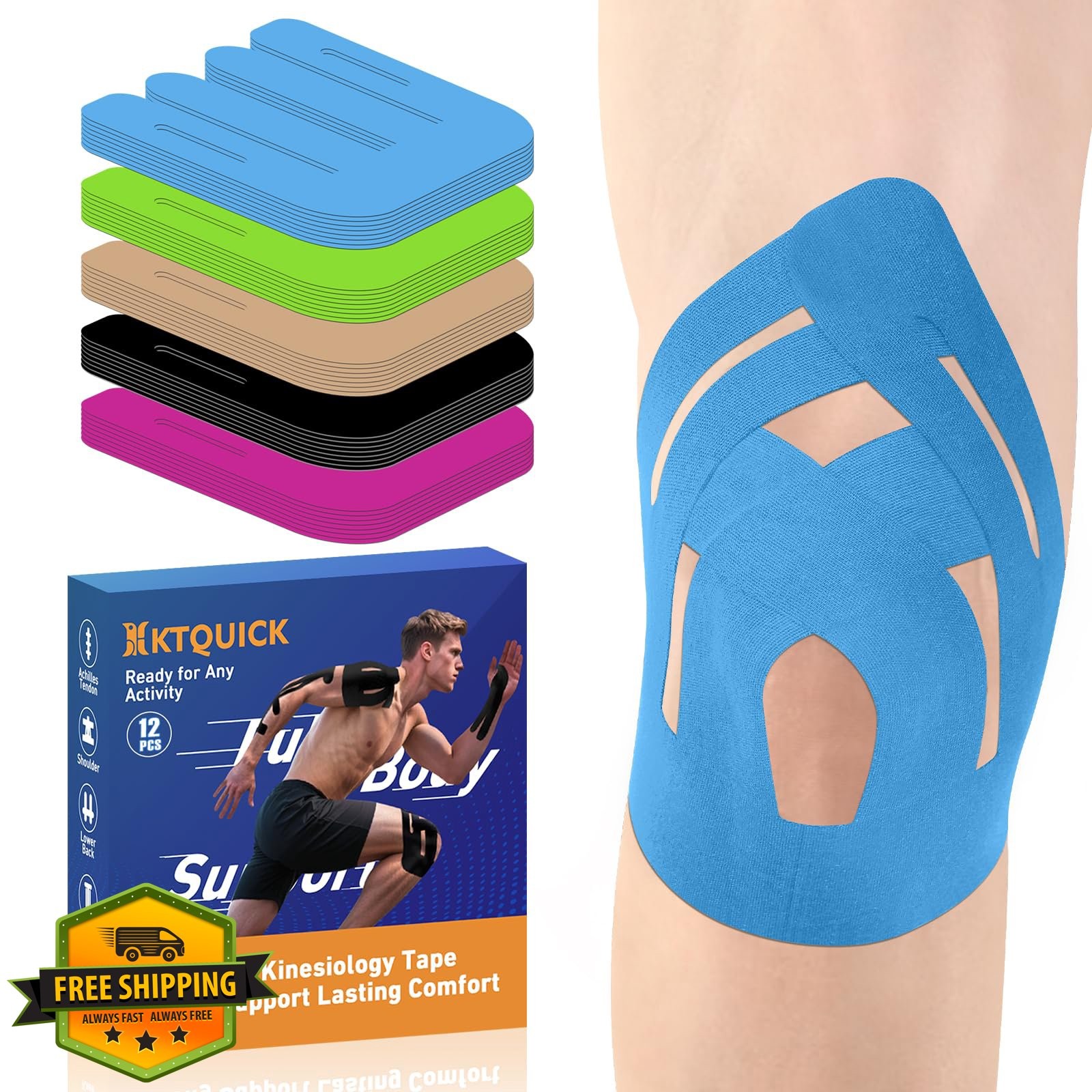 PreCut Kinesiology Tape Knee 12PCS Blue Waterproof Pain Relief Athletic