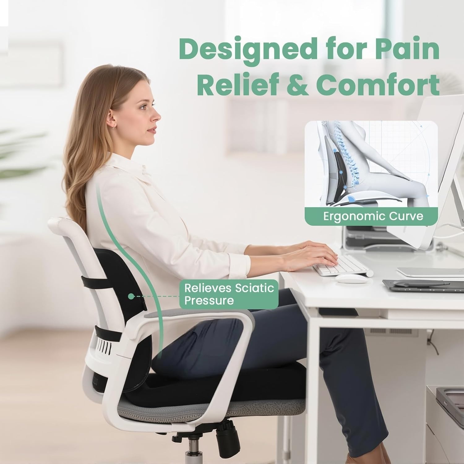 Ergonomic Memory Foam Seat Cushion & Lumbar Support for Sciatica & Back Pain